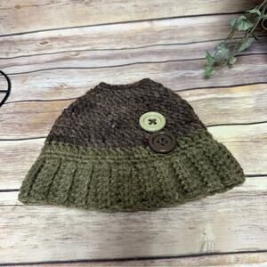 Stylish Knit Women's Beanie with Buttons - Olive and Chocolate Messy Bun